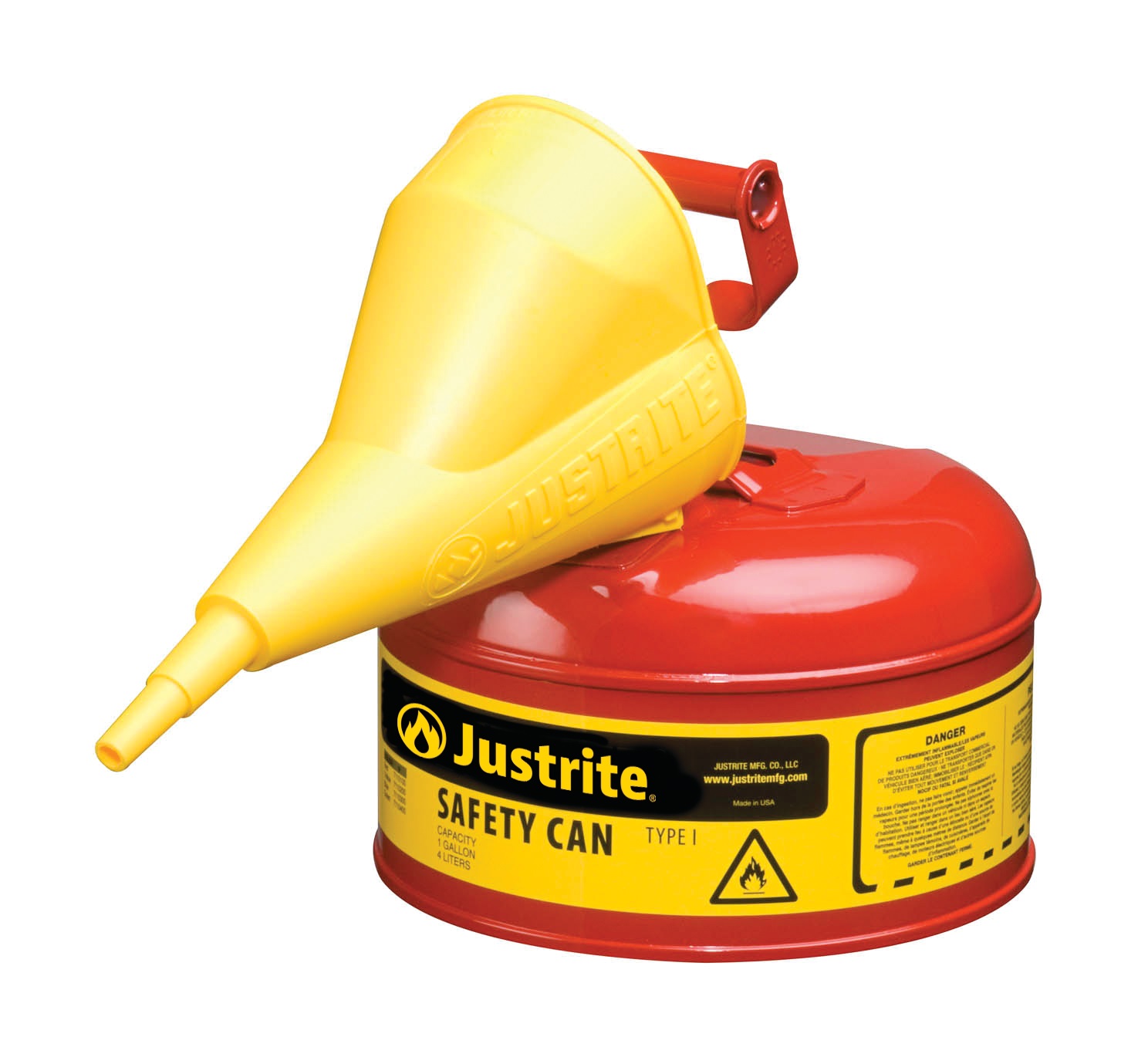 Justrite Swinging Handle Type 1 Safety Cans with Funnel Red - Spill Containment